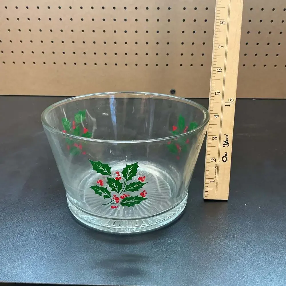 Vintage Indiana Glass Christmas Holly Berry Party Serving Bowl Ice Bucket